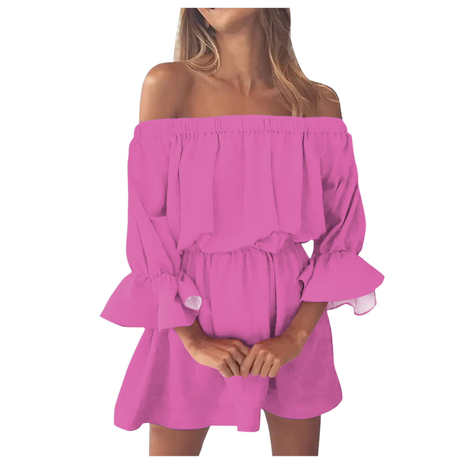 thumbnail image 1 of Mini vestido vintage con estampado, hombros descubiertos y mangas acampanadas para mujer: vestido informal y holgado de verano para la playa con diseño floral, tejido de poliéster, 1 of 3